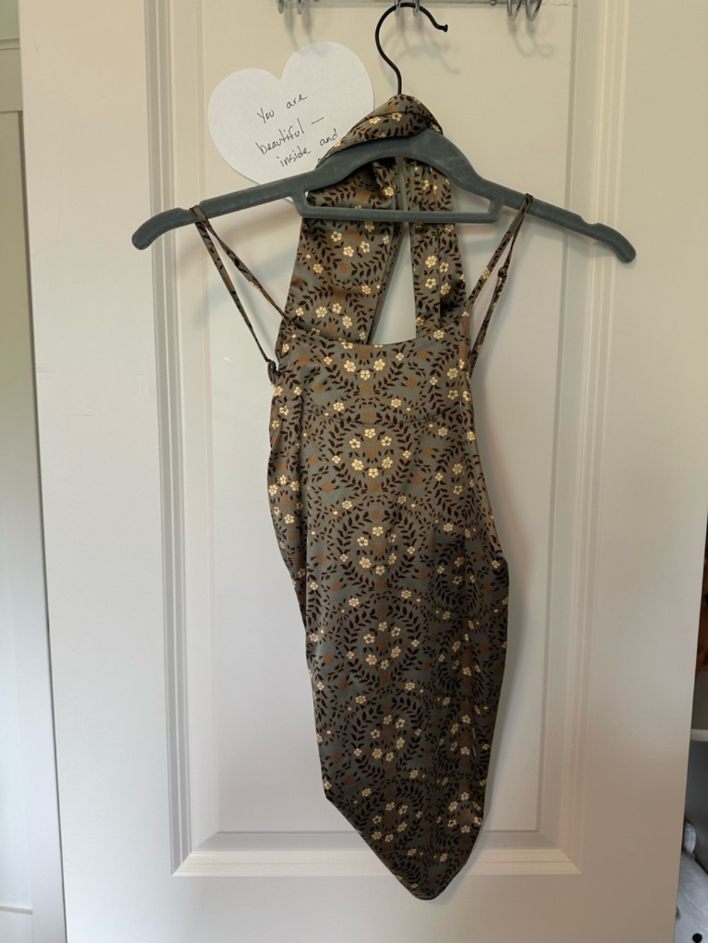 Free People Olive Green Metallic Floral Halter Top
